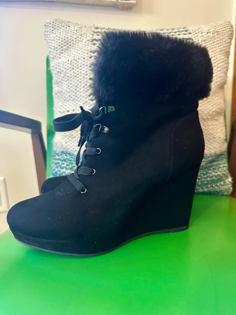 Rouge Helium Black Faux Fur Lace-Up Wedge Ankle Boots - Picture 2 of 5